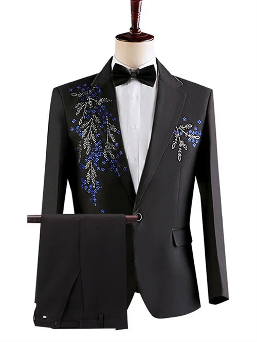 Fashion Men Spliced Suits Black / White Singer Host Stage Performance Luxurious Dress Blazers Jacket and Pants