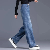 New Wide Leg Jeans Women Autumn High Waisted And Slim Casual All-match Jacquard Narrow Cut Straight Leg Pants Ladies Trouser