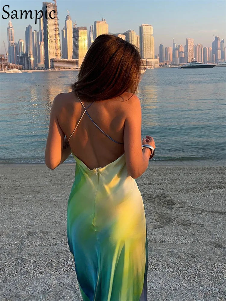 Sampic Satin Print Sexy Maxi Bodycon Beach Dress Summer Women Dye Tie Backless Elegant Party Dresses Holiday Outfits