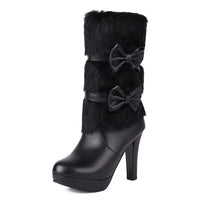 2025 Winter Womens Fashion High Heel Boots Pink White Black Fur Tassel Bowtie Lovely Lolita Ladies Party Wedding Shoes size32-43