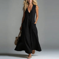 2026 Spring Summer Women Solid Color Deep V Neck Casual Dress With Patch Pockets
