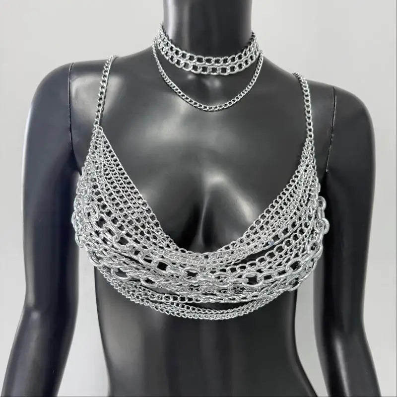 New Variety Of Body Chain Temperament White Pearl Suspender Silver Chain Top Metal Layered Fashionable Women's Clothing