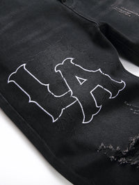 Men's Jeans Black Denim Pants Straight Leg Comfort Mid Waist White Embroidery Casual Streetwear Spring Slim Fit Trousers