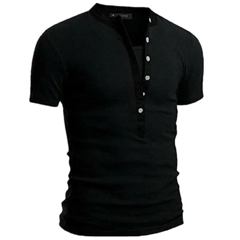 2026 Men's Summer Casual Shirts Solid V-neck Button Slim Fit T-Shirts for Men Fashion Short Sleeve Tees Tops Men Clothing S-3XL