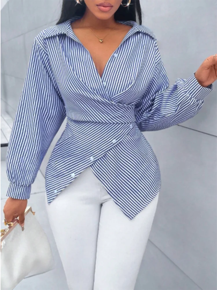 Striped V-neck Long Sleeved Lace Button Up Women's T-shirt Fashionable Versatile Daily Urban Style Spring Top