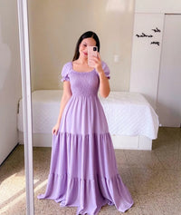 2025 Spring Summer New Women Closing Solid Color Square Collar Short Sleeve Long Dress Vestidos Largos vestidos verano moda 2024