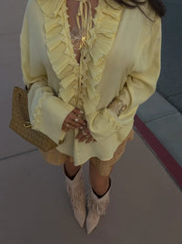 Women Solid Chiffon Ruffle Yellow Blouse Sheer V-neck Lace Up Full Flared Sleeve Shirts 2026 Summer Lady Fashion Loose Top New