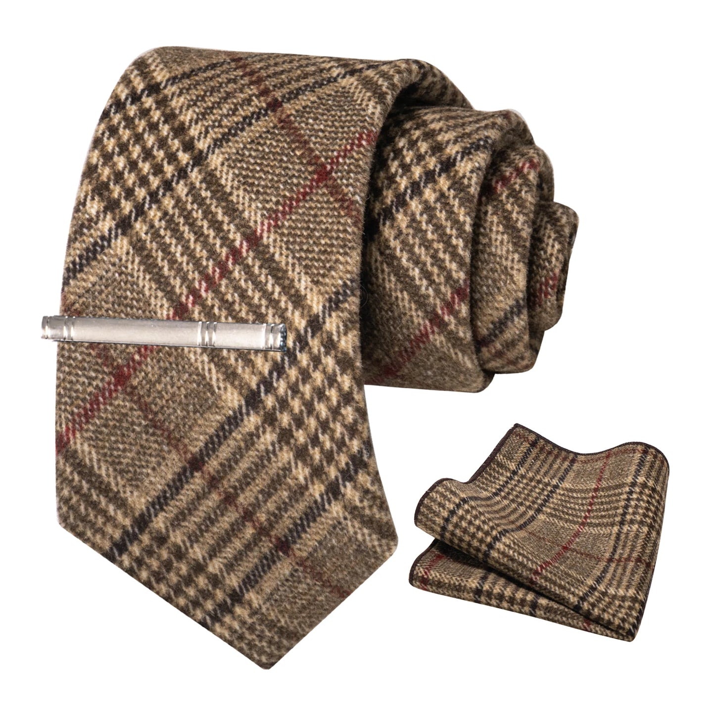 JEMYGINS Classic Wool Necktie For Men 8cm Brown Grey Men Striped Plaid Cashmere Tie Pocket Square Sets Wedding Accessory Gift