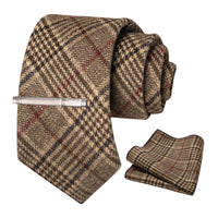 JEMYGINS Classic Wool Necktie For Men 8cm Brown Grey Men Striped Plaid Cashmere Tie Pocket Square Sets Wedding Accessory Gift