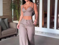 Sexy Hot Girl Two Piece Set 2024 Summer Sexy V-Neck Strap Sleeveless Elastic Tank Top High Waist Wide Leg Pants Set Women's Set