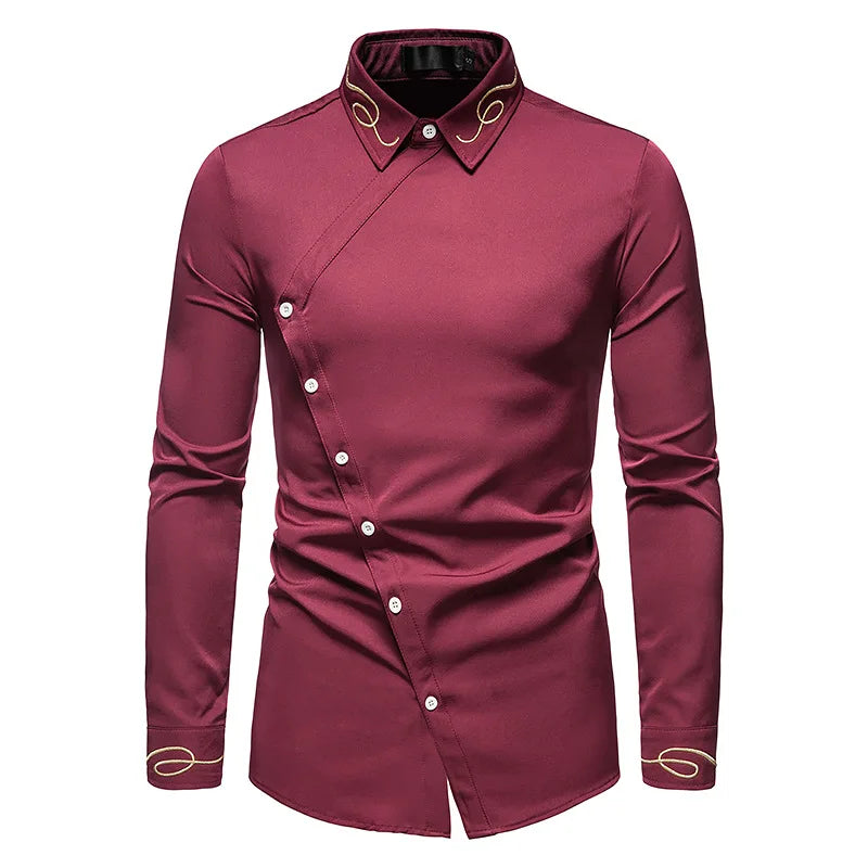 Men's Irregular Oblique Button Up Dress Shirts Streetwear Luxury Elegant Embroidery Business Shirt Chemise Homme Mens Blouses