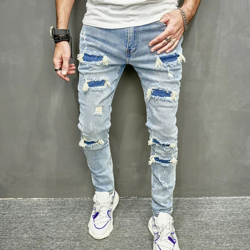 Skinny Denim Pants Men Jeans Holes Vintage Wash Pencil Pants 2025 Pockets Solid Casual Slim Fit Punk Style Spliced Distressed
