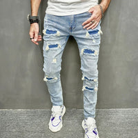 Skinny Denim Pants Men Jeans Holes Vintage Wash Pencil Pants 2025 Pockets Solid Casual Slim Fit Punk Style Spliced Distressed