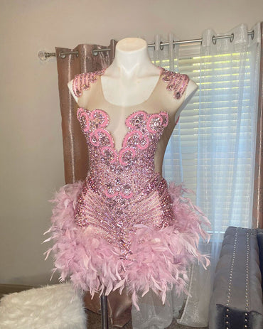Pink Short Prom Mini Birthday Dresses 2023 Sexy Beaded Crystals See Through Top Feather African Black Girl Party Cocktail Gowns