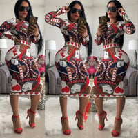 Women Spring Summer Sexy Print Bodycon Dress Long Sleeve Knee-length Casual Vintage Dress Elegant Slim Midi Party Dress Vestidos