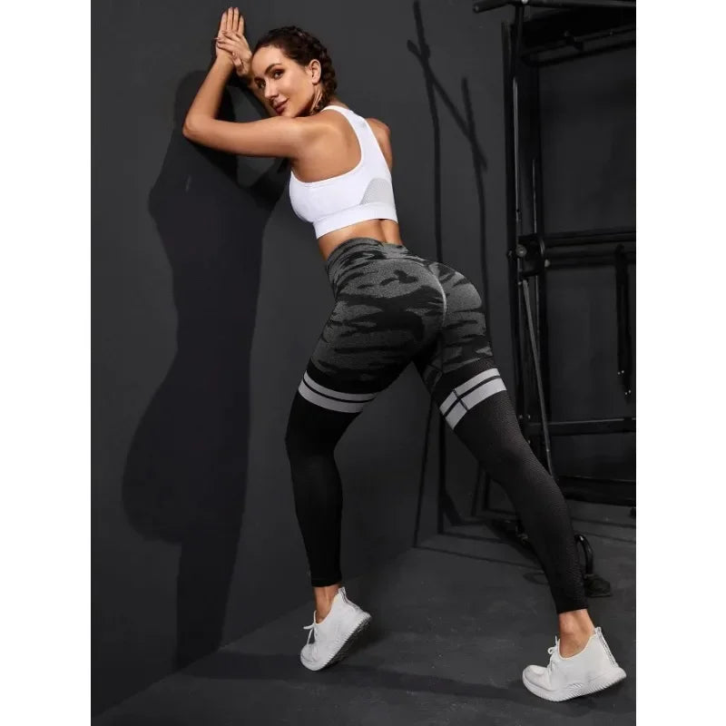 Striped Camo Leggings Women Seamless Knit Tights High Waist Hip Liftting Workout Running Fashion Slim Yoga Fitness Yoga Pants
