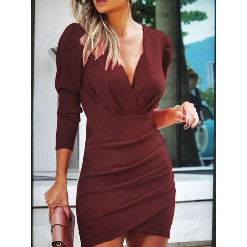 2024 burst waist show thin solid color v-neck long sleeve tight skirt folk wind nightclub dress woman