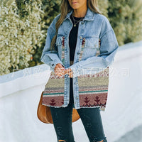 Autumn and Winter New Polo Neck Pocket Denim Panel Wool Coat Women's Vintage Jacket