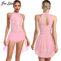 Women Latin Cha-cha Dance Performance Costumes Rhinestone Applique Sleeveless Leotard Skating Ballet Samba Rumba Tango Dancewear