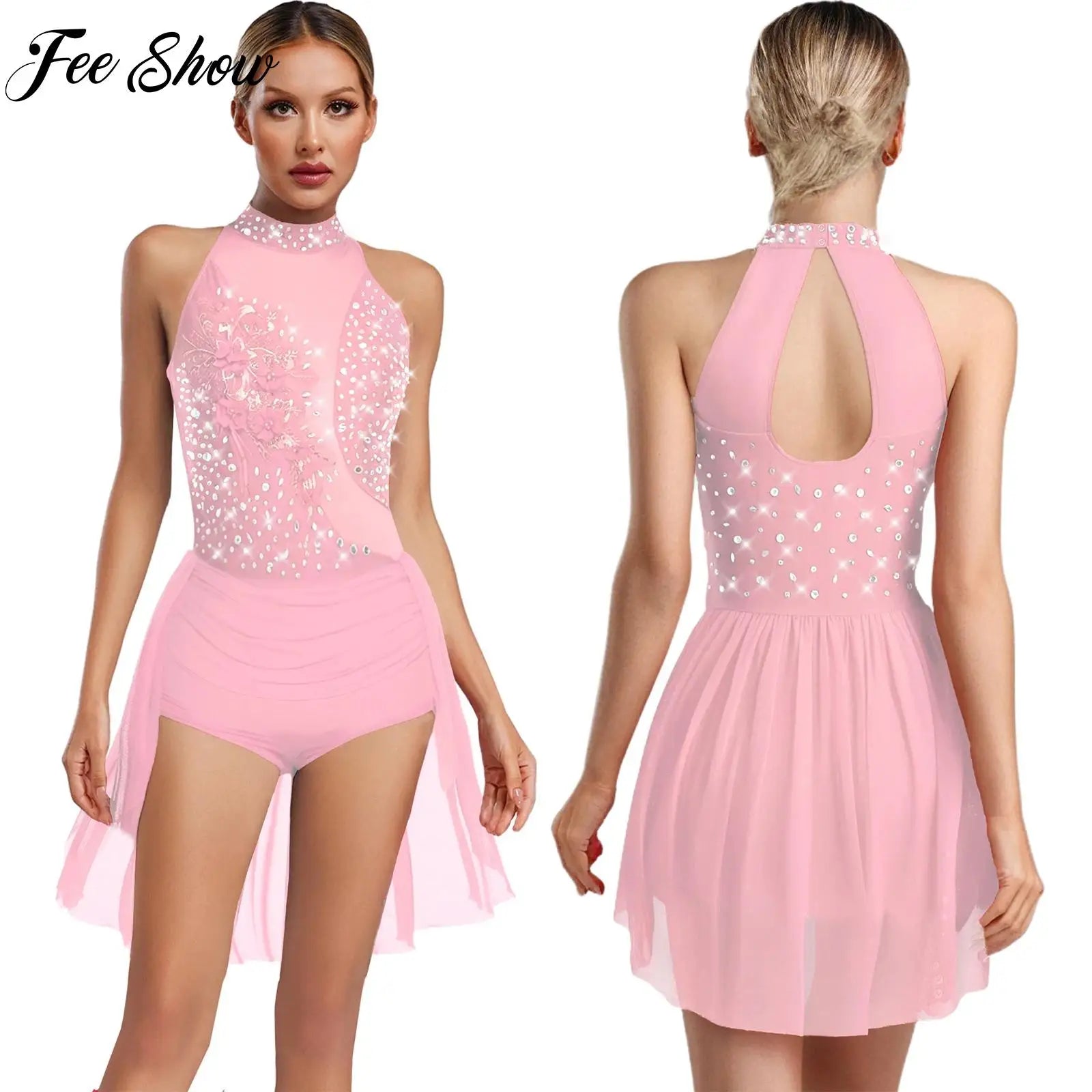 Women Latin Cha-cha Dance Performance Costumes Rhinestone Applique Sleeveless Leotard Skating Ballet Samba Rumba Tango Dancewear
