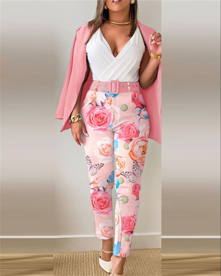 Two Piece Set Women Formal Office Suit with Belt Slim Elegant Pant Sets Autumn Long Sleeve Blazer Floral Print Women's Outfits