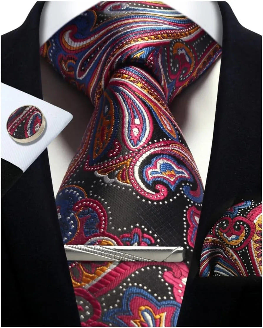 Mens Tie Set Silk Silver Paisley Floral Necktie and Pocket Square Cufflinks Tie Clip Classic Formal Ties for Men Wedding Party