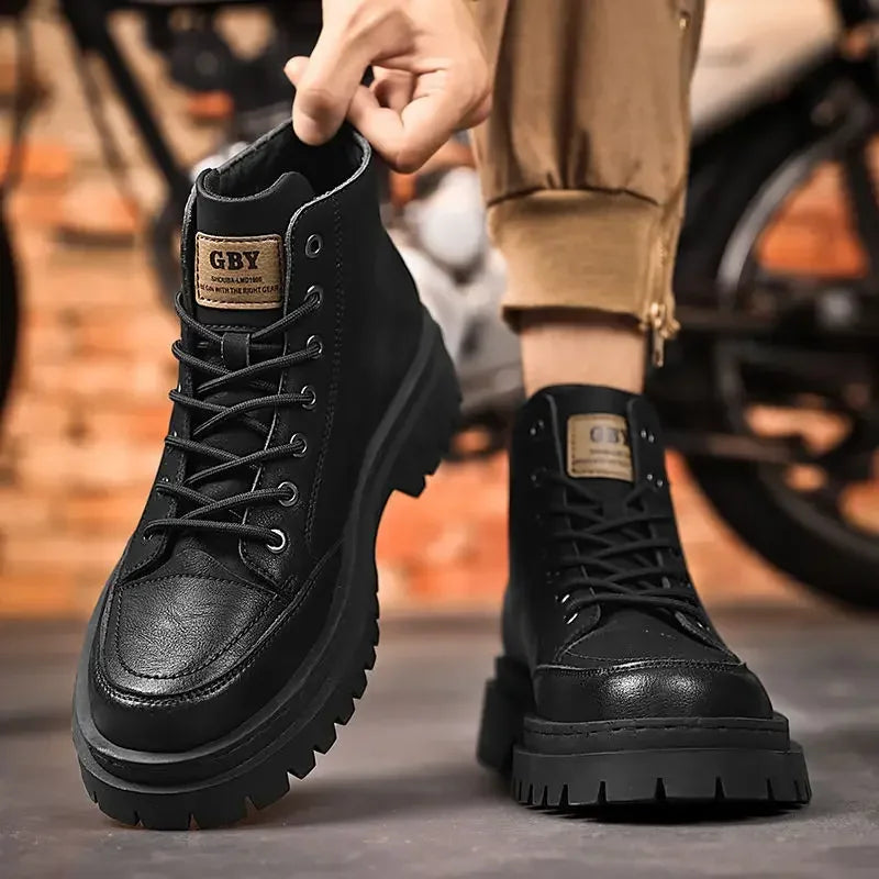 Men Boots Autumn Leather Waterproof Mid-top Sports Shoes New Fashion Ankle Boots Casual Outdoor Hiking Boots Shoes Male Sneakers