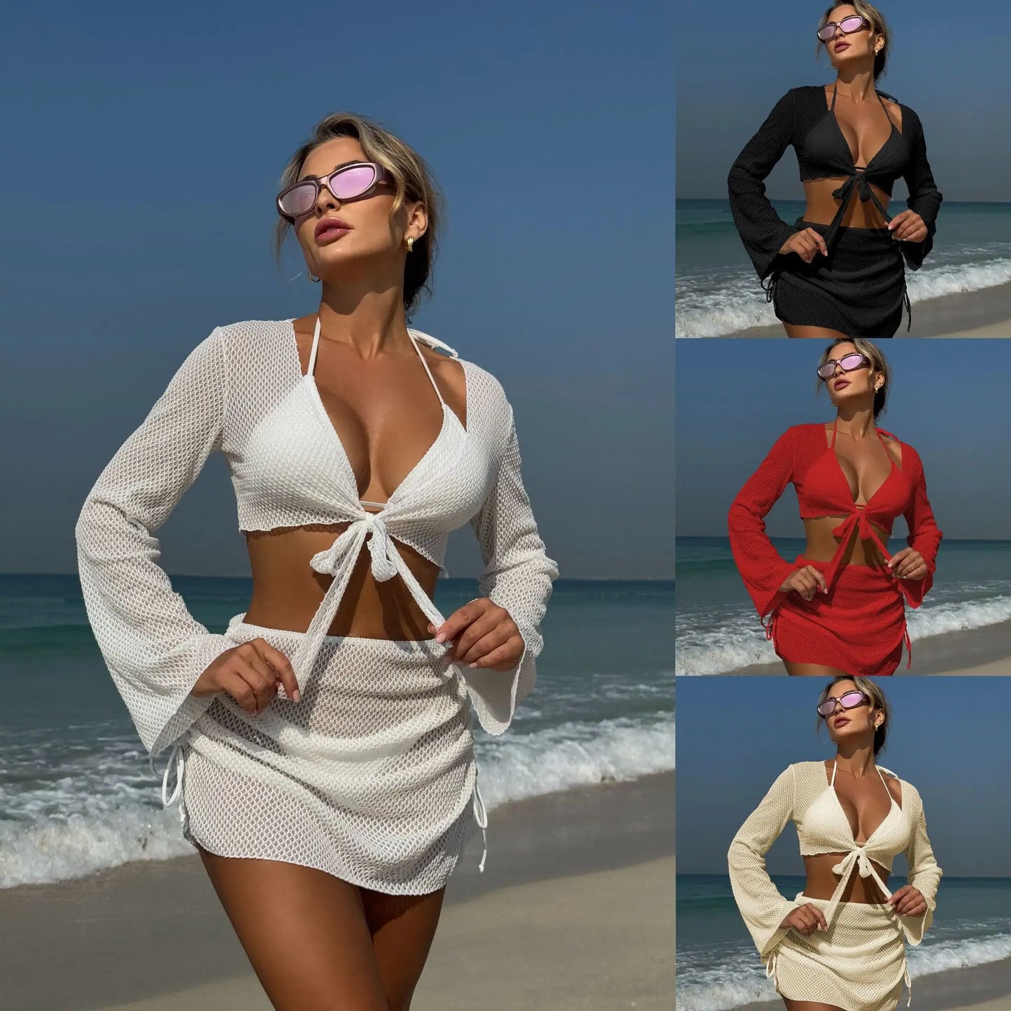 2025 new solid color summer new beach vacation style four-piece split swimsuit