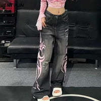Y2K Women Baggy jeans Retro Harajuku Distressed  Ripped Wide Leg Cropped Pant High Street Rock Hip Hop Printed Men Clothing Jean