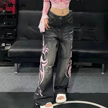 Y2K Women Baggy jeans Retro Harajuku Distressed  Ripped Wide Leg Cropped Pant High Street Rock Hip Hop Printed Men Clothing Jean