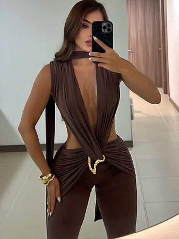 Kliou Sexy Fashion Jumpsuits Woman Deep V-Neck Sleeveless Metal Buckle Ruched Cross Bandage Midnight Prom Party Elegant Overalls