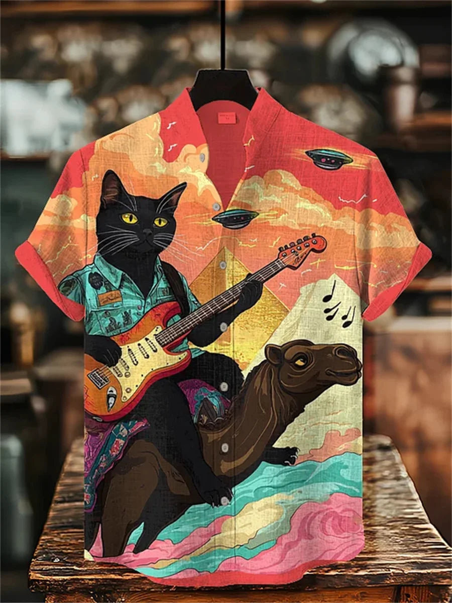 Men's Cat Print Short-Sleeve Shirt, Stand Collar Retro Casual Top, Breathable Slim Fit Shirt, Outdoor Casual Hawaiian Shirt