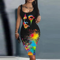 Summer Women Chic Tank Sleeveless Face Pattern Print Ladies Dress for Women 2023 Sexy Elegant Boho Dress Vestidos Bodycon Dress