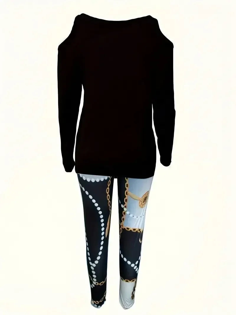 Plus Size 1XL-5XL Women Off-Shoulder Zip-Up Long Sleeve T-Shirt & Printed Tight Pants Ladies Casual T-Shirt & Pants Outfit