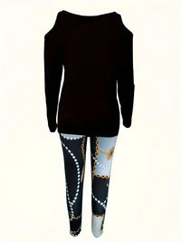 Plus Size 1XL-5XL Women Off-Shoulder Zip-Up Long Sleeve T-Shirt & Printed Tight Pants Ladies Casual T-Shirt & Pants Outfit