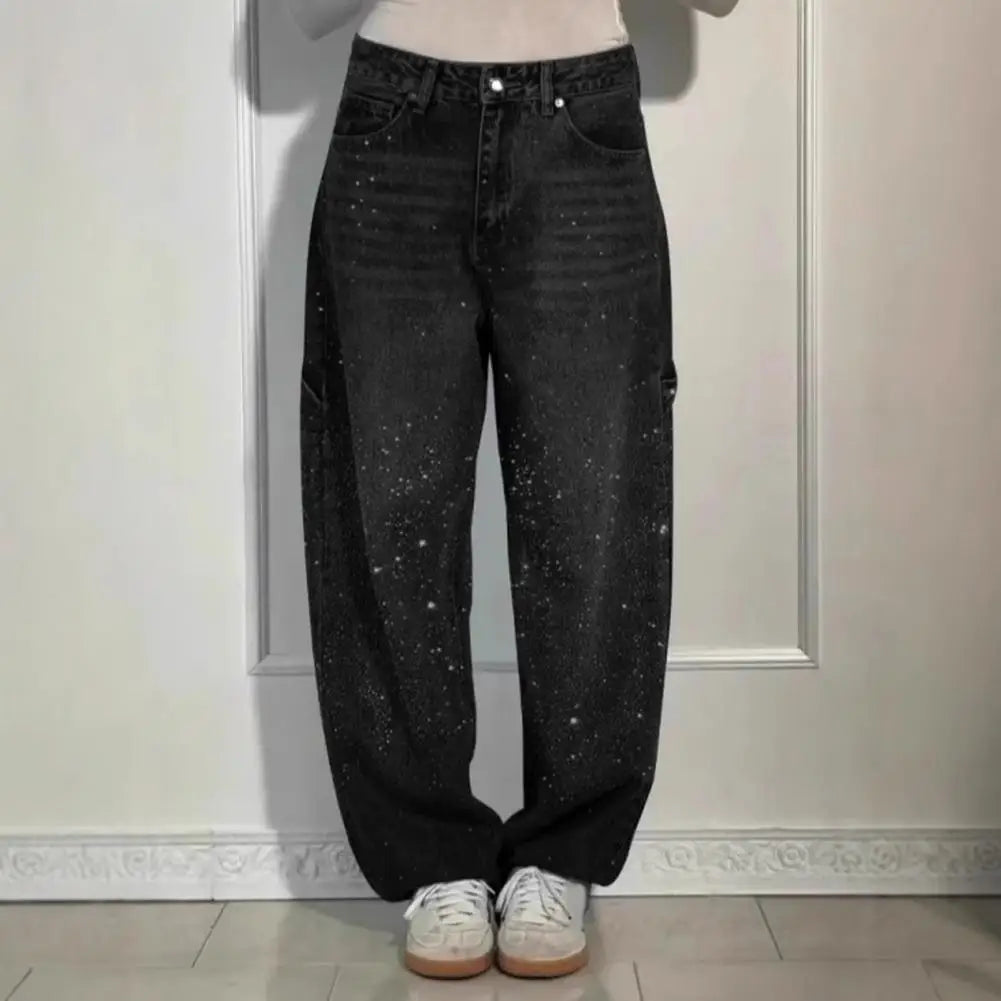 Women's Sparkly Harem Jeans High Waisted Baggy Wide Leg Bling Jeans Casual Straight Leg Denim Pants for Streetwear