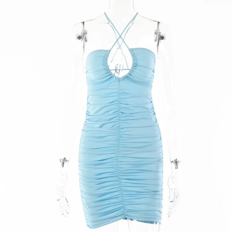 Sexy Women Spaghetti Strap Dress Blue Backless Satin Drawstring Ruched Mega Mart Center Sexy Women Spaghetti Strap Dress Blue Backless Satin Drawstring Ruched Mega Mart Center