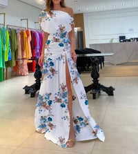 Street Trendsetter Off-The-Shoulder Short-Sleeved Slit Floor Mopping Resort Dress Female Elegant French Retro Sweet Long Dresses