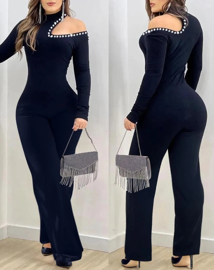 Elegant Women's Jumpsuit Basic Sexy Hollow Out Rhinestone Cold Shoulder High Neck Jumpsuit Long Sleeve Slim Fit Flared Jumpsuit