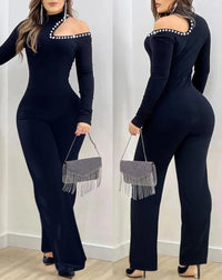 Elegant Women's Jumpsuit Basic Sexy Hollow Out Rhinestone Cold Shoulder High Neck Jumpsuit Long Sleeve Slim Fit Flared Jumpsuit