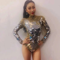 Sparkly Gold Rhinestones Mirrors Shining Bodysuit Women Birthday Celebrity Prom Party Outfit Singer Stage Rompers Dance Costume