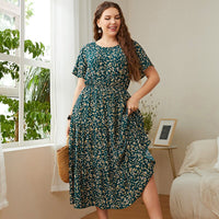 KEBY ZJ Big Size Women&#39;s Clothing Dress Summer O-Neck Floral Print Midi Dresses Urban Elegant Casual Ladies Plus Size Long Dress