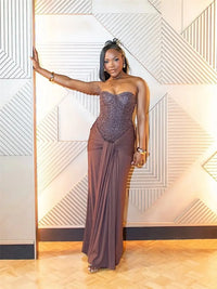 COOBBU Sexy Sequin Patchwork Strapless Maxi Dress Women 2026 Sleeveless Off-shoulder Cinched-waist Pleated Dresses Lady Evening