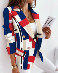 Sexy Women Suit Jacket Fashion Casual Color Print Lapel Long Sleeve Face Contrast Double-breasted