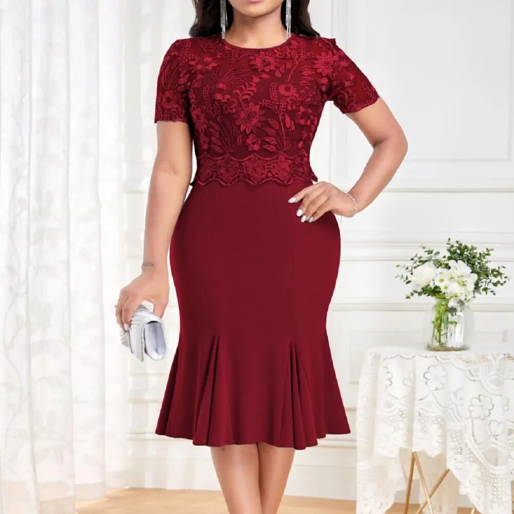 Office Lady Autumn Lace Splice Dress Women's Sexy O Neck Short Sleeve High Waist Fishtail Dress Elegant Party Dress Plus Size