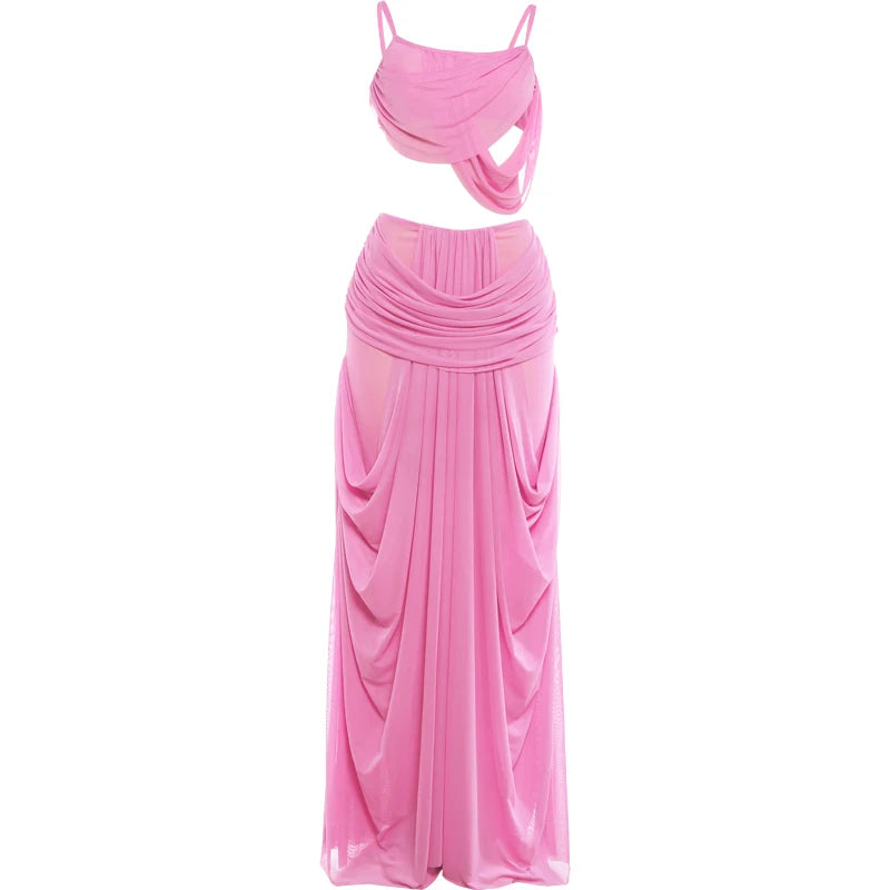 Kliou Ruched Elegant 2 Piece Set Woman Low-Neck Backless Camisole Tops+Elastic Waist Long Skirts Midnight Prom Party Outfits