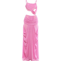 Kliou Ruched Elegant 2 Piece Set Woman Low-Neck Backless Camisole Tops+Elastic Waist Long Skirts Midnight Prom Party Outfits