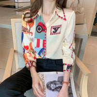 Spring and Autumn high-end shirt, women's elegant chiffon long-sleeved lapel printed top