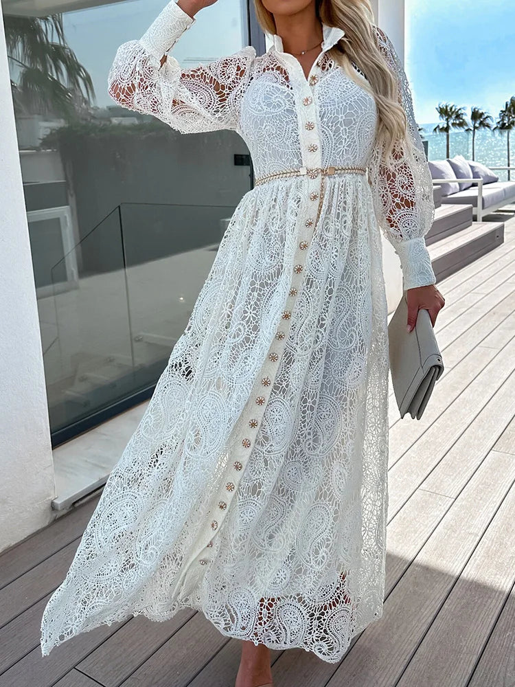 2023 Women Spring Summer Single-Breasted Maxi Dress Hollow Out Lace Patchwork Fashion Ladies Party Dress Streetwear Dropshipping