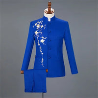 New Men Stand Collar Embroidery Suit 2 Piece Black / White / Red Fashion Male Stage Party Perform Blazer and Trousers